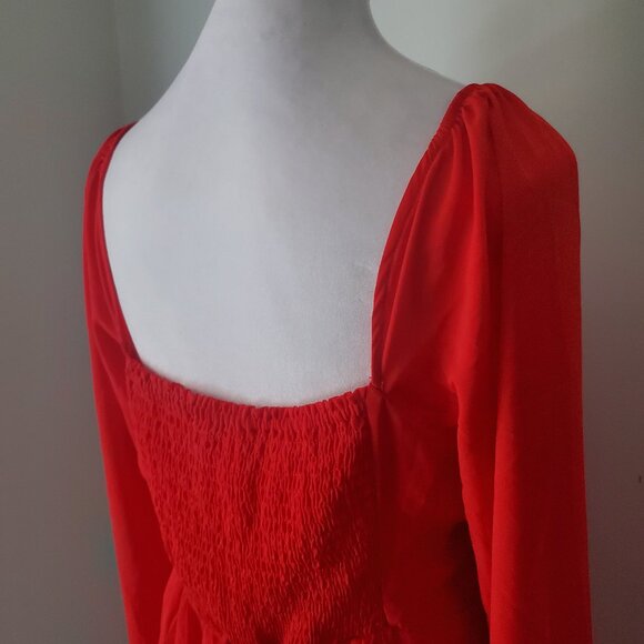 Holiday Party Red Babydoll Dress Sweetheart Neck Smocked Back Balloon Sleeves 8 - Picture 10 of 12